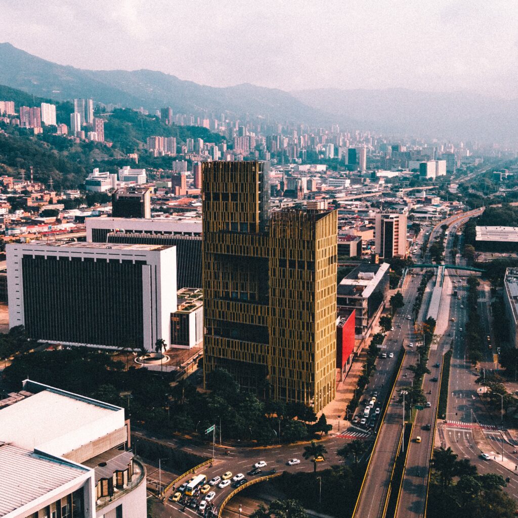 Main avenue in Medellín, Colombia - Aerial view of the city where a technology hub is growing.  Stock photo.