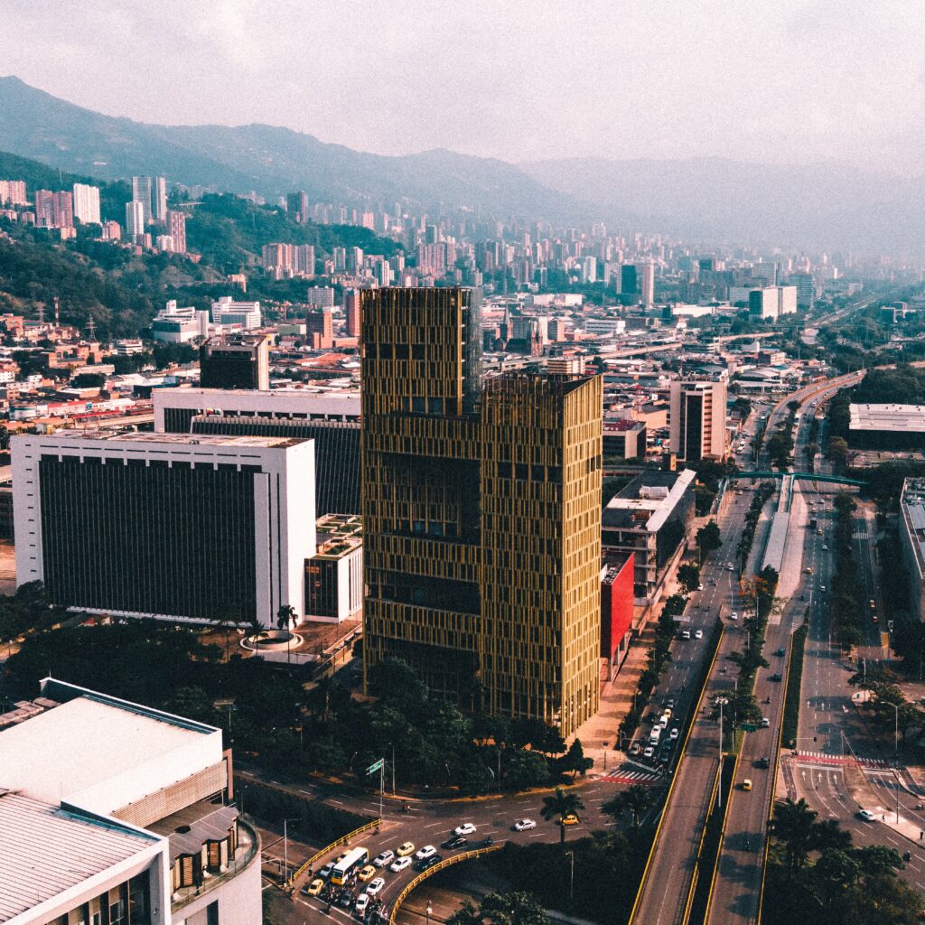 Main avenue in Medellín, Colombia - Aerial view of the city where a technology hub is growing. Stock photo.