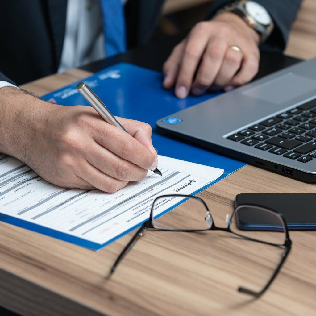 An stock picture of a person signing a document for an article about hiring a lawyer for your startup in Colombia.