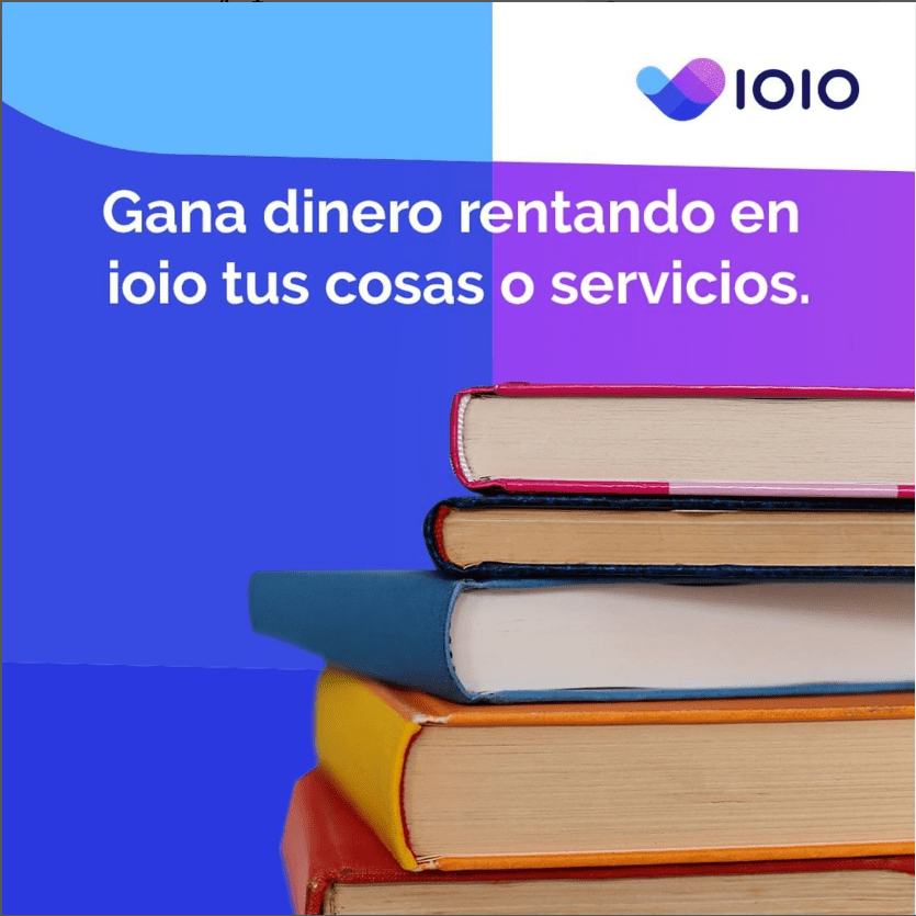 "Una imagen de la página de instagram de IOIO, mostrando varios libros apilados, y una oración animando al lector a usar el servicio"