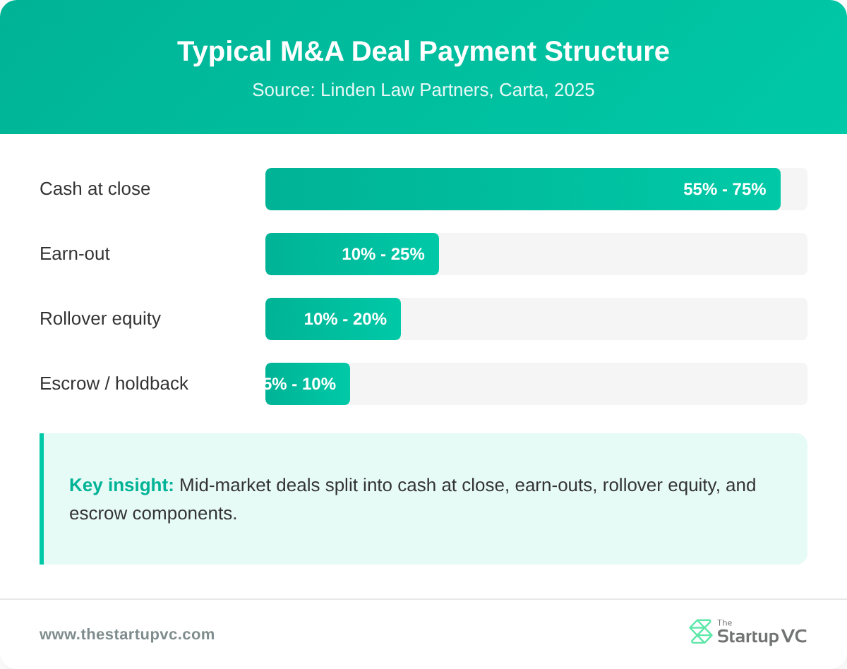 Bar chart showing the typical payment mix of a mid-market M&A deal