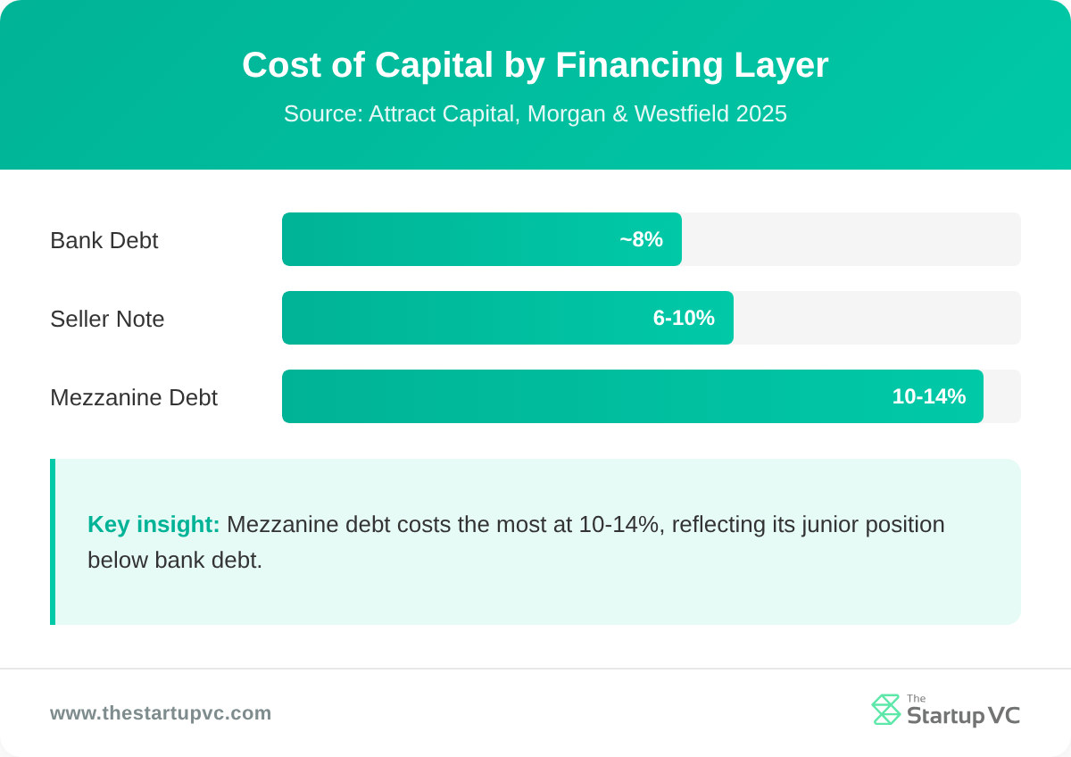 Bar chart comparing cost of capital across bank debt, seller notes, and mezzanine