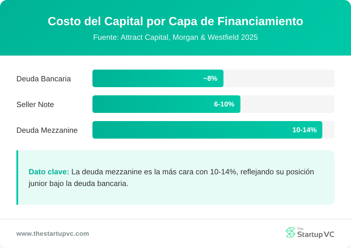 Gráfico de barras que compara el costo del capital entre deuda bancaria, seller notes y mezzanine