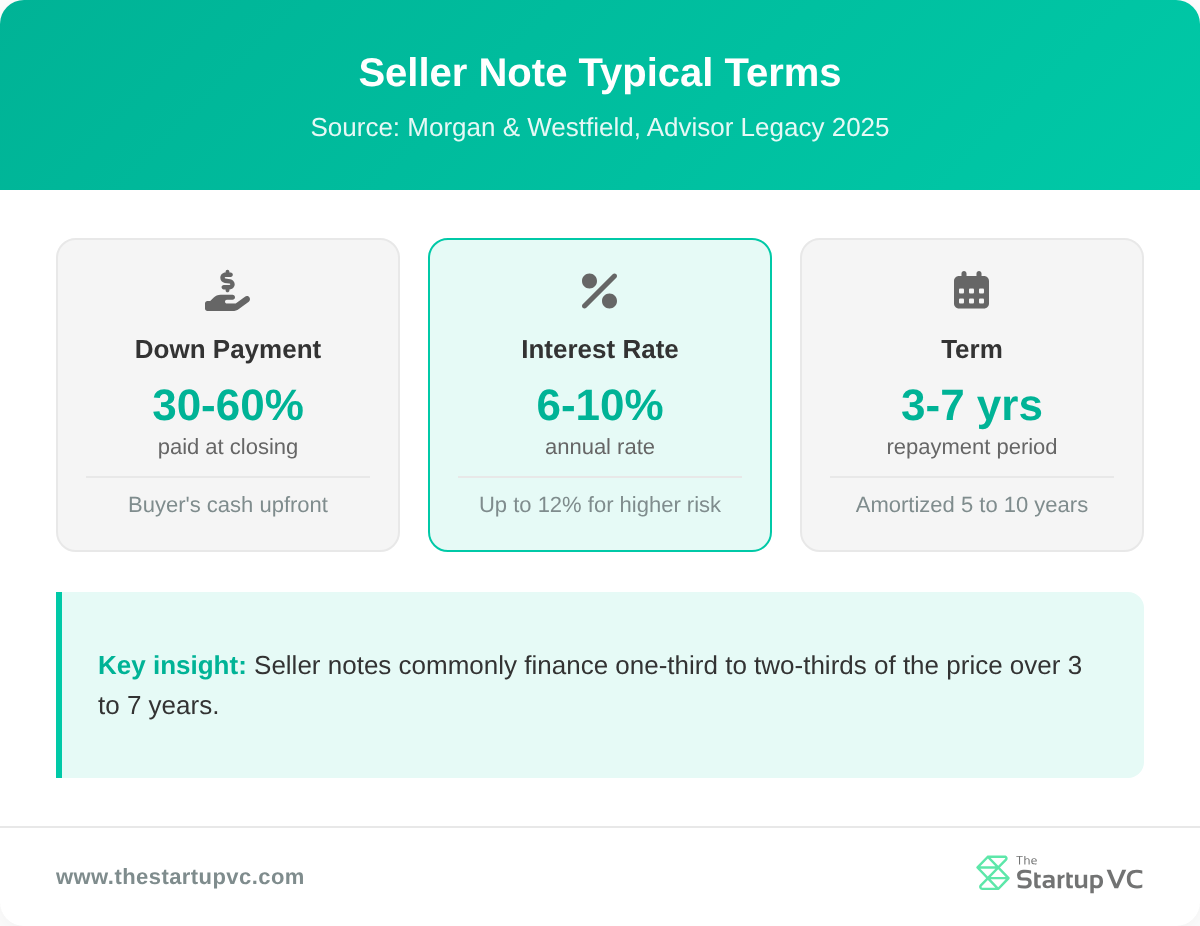 Cards showing typical seller note terms for down payment, interest, and term