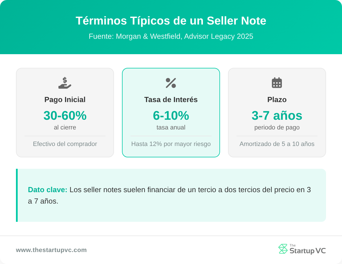 Tarjetas que muestran los términos típicos de un seller note para el pago inicial, el interés y el plazo