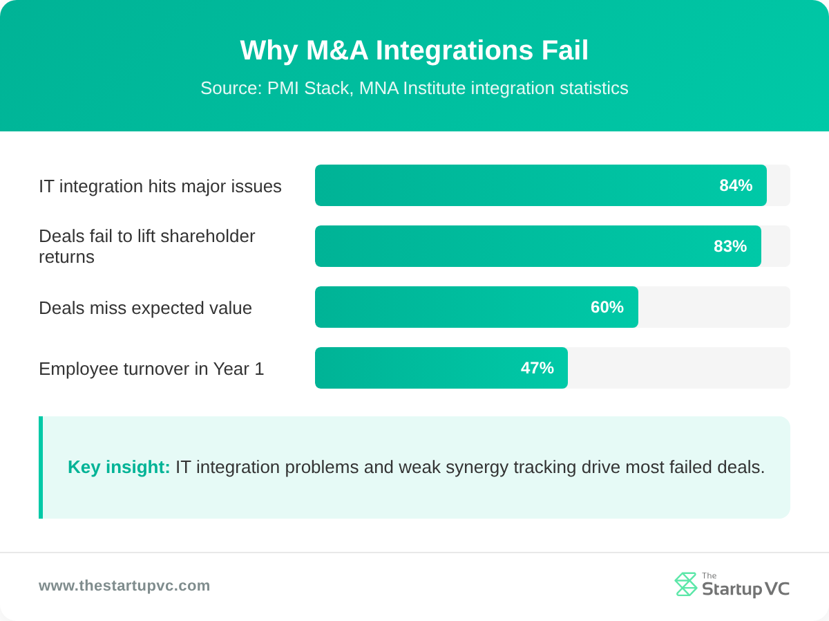 Bar chart showing the main reasons M&A integrations fail by percentage