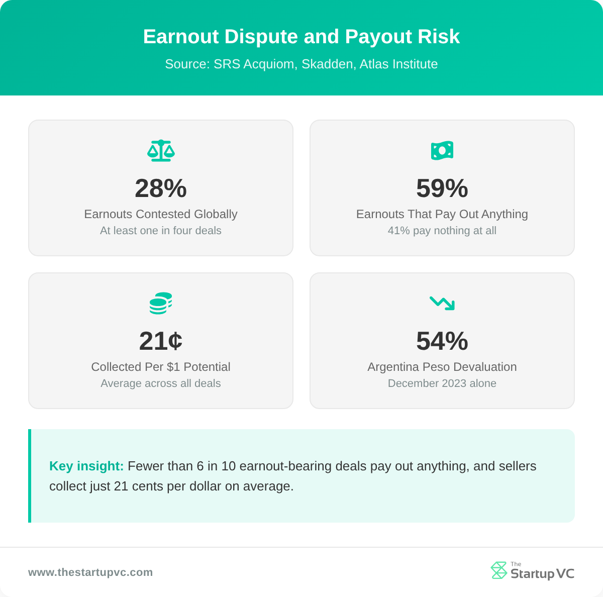 Stats dashboard showing earnout dispute rate, payout rate, average cents collected per dollar, and Argentina peso devaluation